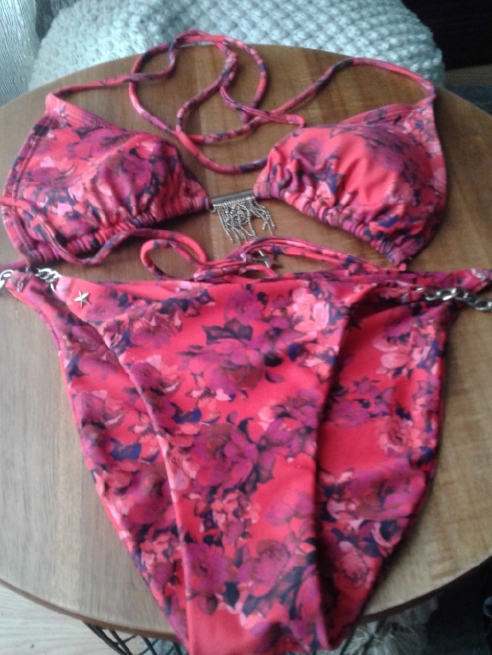 Floral Pink String Bikini Set with Silver Accent
